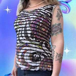 vtg y2k moa moa cyber mcbling party girl blokecore aop ruffle tank top, sz md